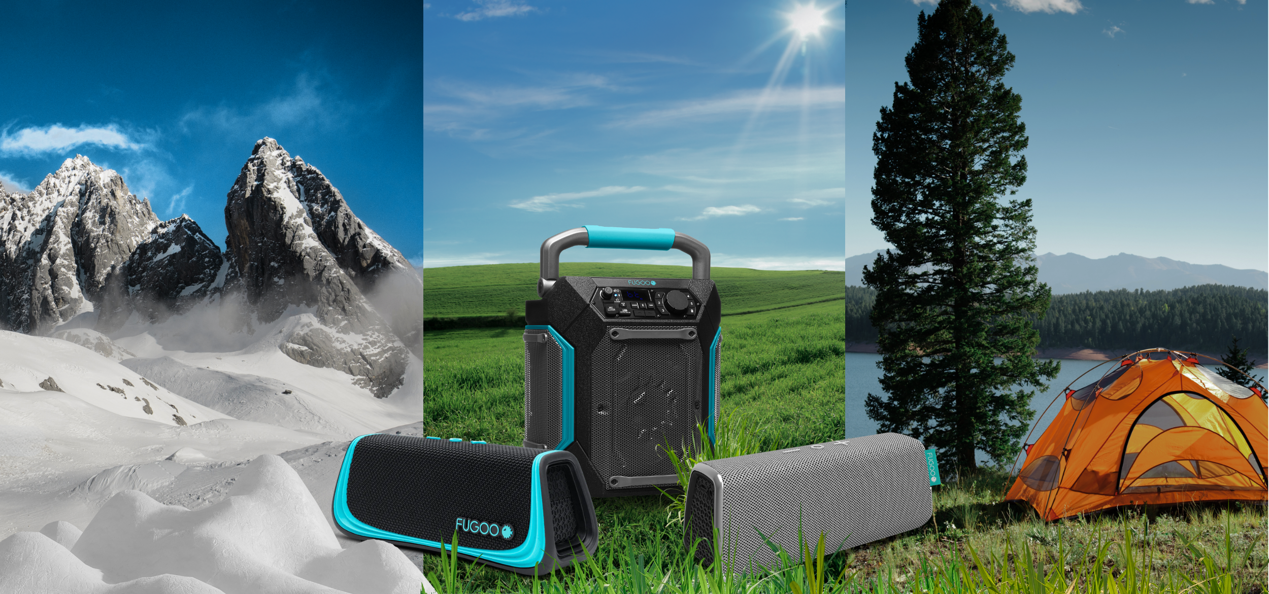FUGOO portable speakers showcased in a scenic collage: snowy peaks, green grass, and a campsite under a tall pine.