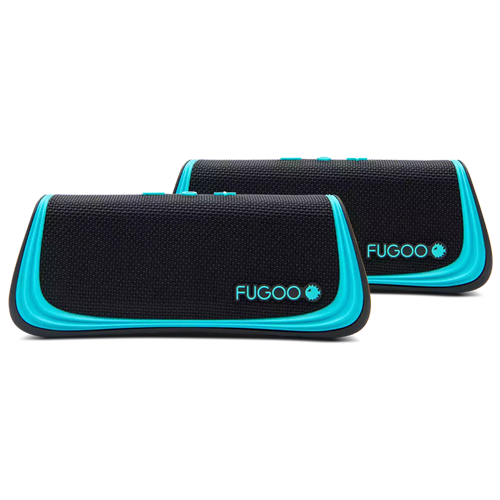 Pair of portable black Fugoo speakers with bright turquoise trim, featuring sleek rectangular design and the Fugoo logo displayed on the front panel